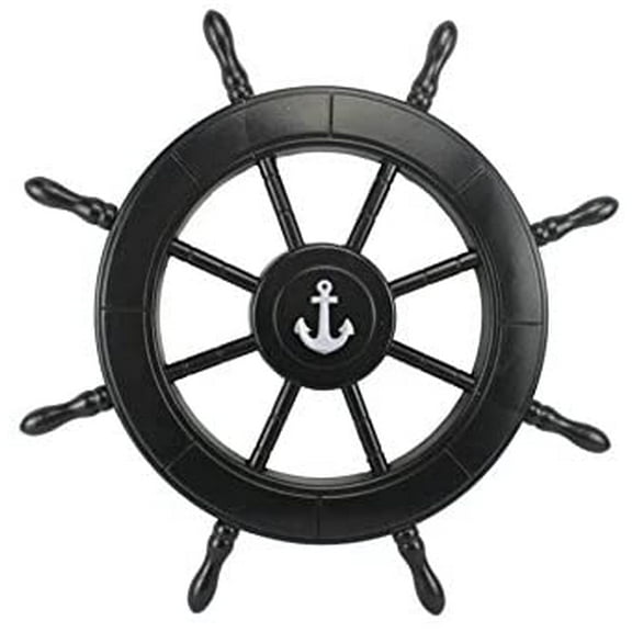 Nautical Elegance: 30-Inch Wooden Ship Wheel with Full Black Painted Finish and Anchor Motif