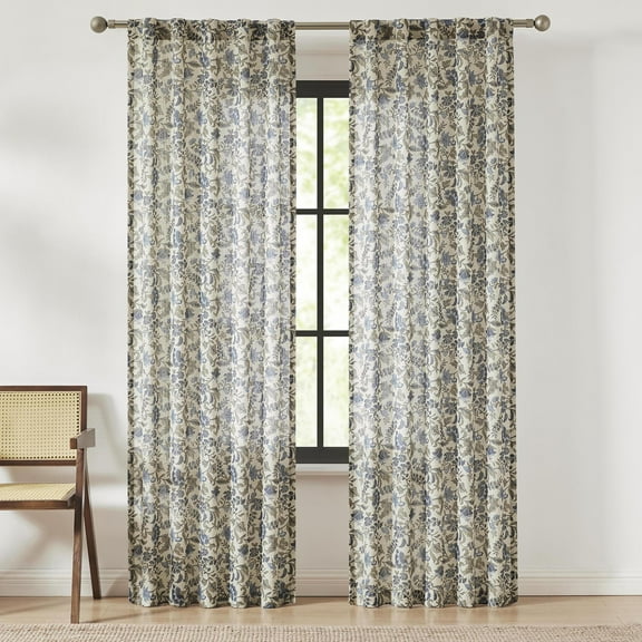Lush Decor Lillian Block Print Linen Textured Window Curtain Panels Pair 37" W x 84" L Blue & Sage - Floral Curtains - Block Print - Vintage Decor