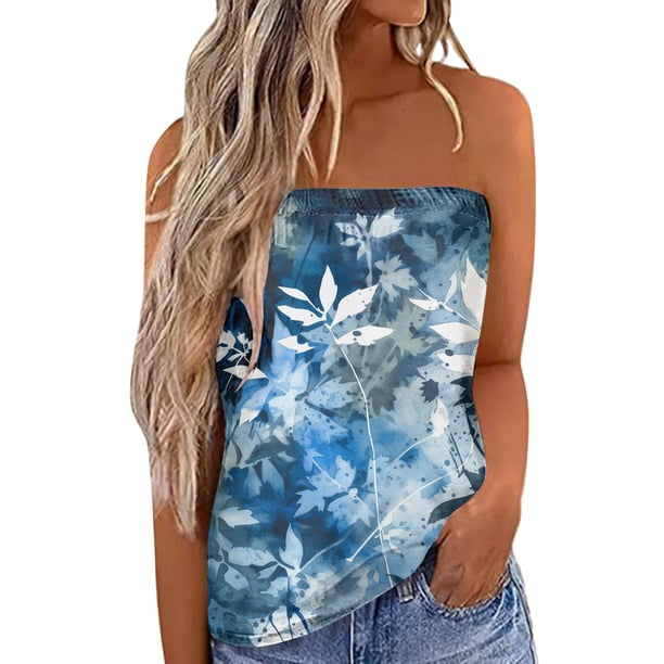 Tank Top Vestido Camiseta sin mangas Bandeau sin tirantes a juego de colores para mujer, camiseta sin mangas holgada para vacaciones de verano, blusa, camiseta sin mangas para mujer (Blue, M)