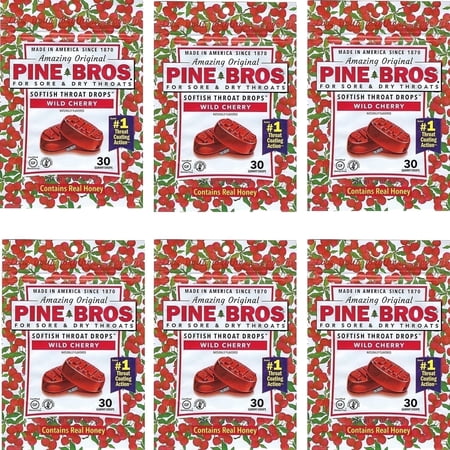 Pine Bros Wild Cherry Sore Throat Drops - 30 Drops (Pack of 6)