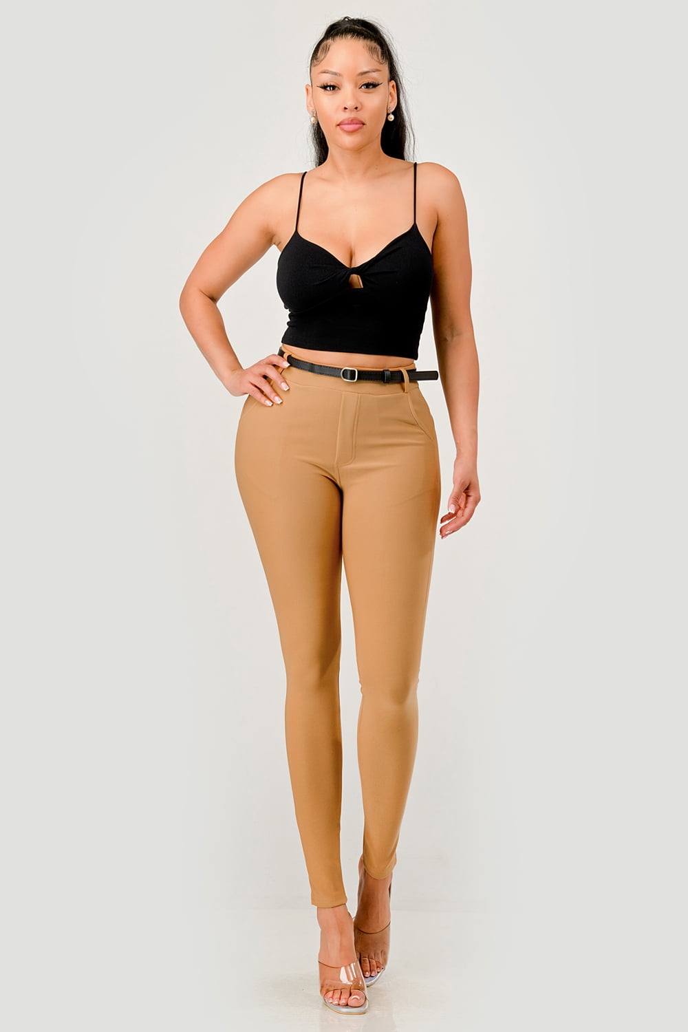 Sculpting Treggings With Faux Leather Belt - Chipmunk