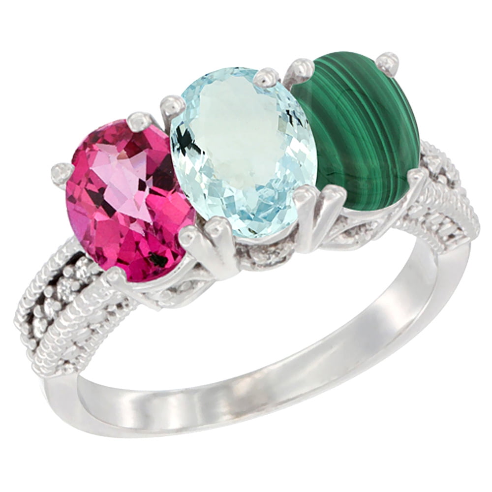 14K White Gold Natural Pink Topaz, Aquamarine & Malachite Ring 3-Stone 7x5 mm Oval Diamond Accent, sizes 5 10 by WorldJewels