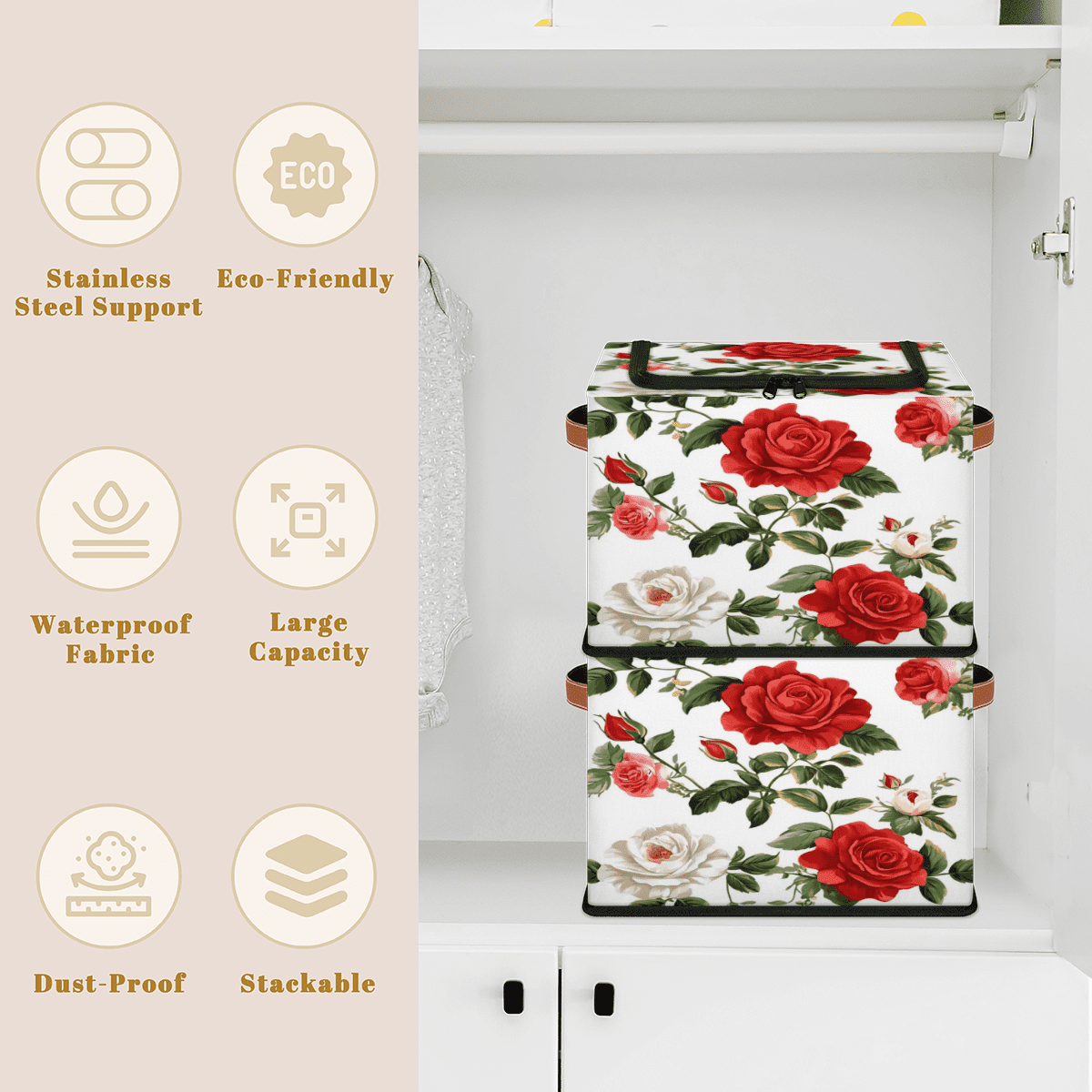 ADECORIVY Flowers Fabric Storage Bin with Lid, Decorative Closet Shelf Organizers, White Red Roses Foldable Basket Box Clothes Storage Bin with Handles