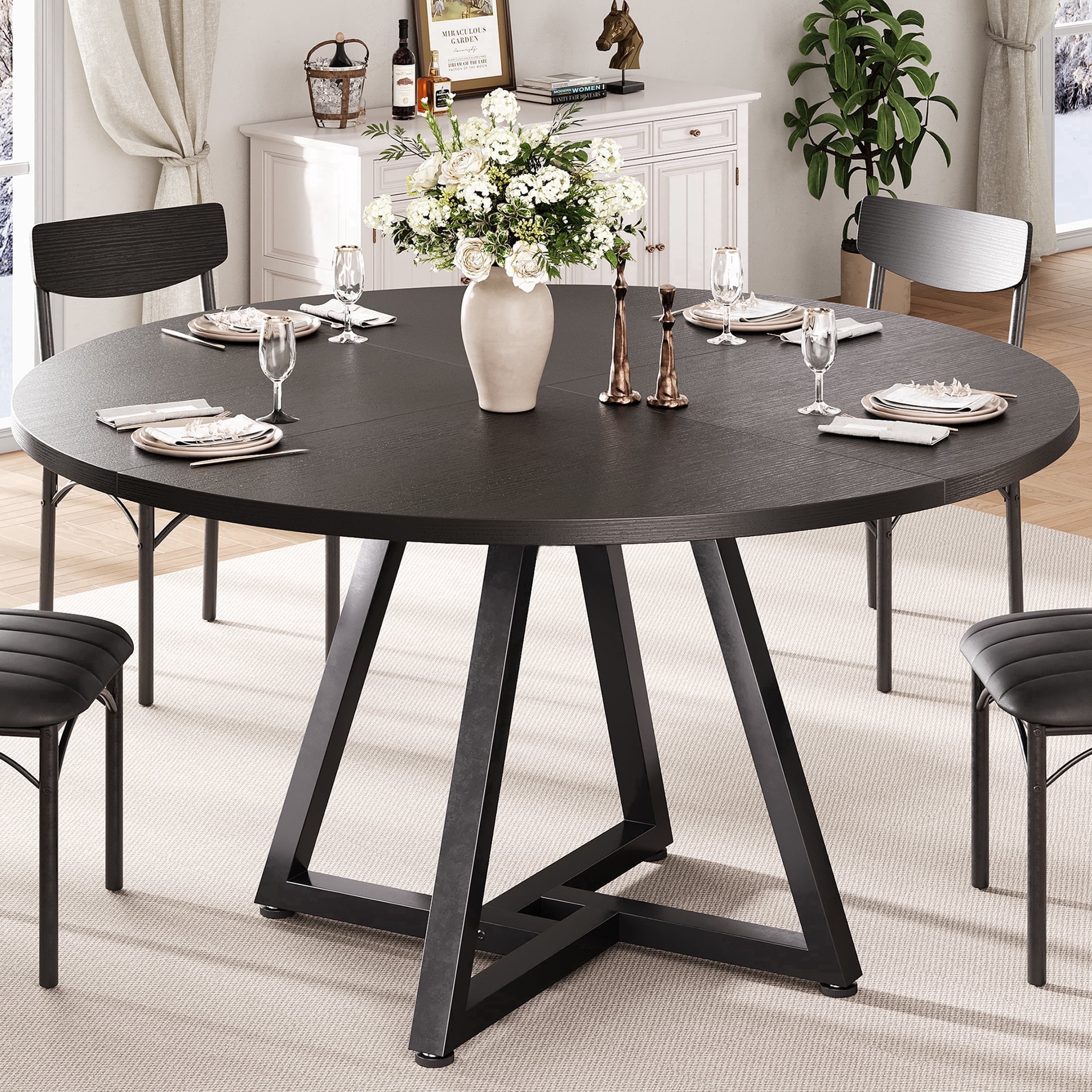 Anyact 51in Round Dining Table for 6-8 Persons, Circle Dinner Table Pedestal Metal Frame, Kitcen Table Sturdy Wood Kitchen & Dining Room Furniture, Black(Only table)