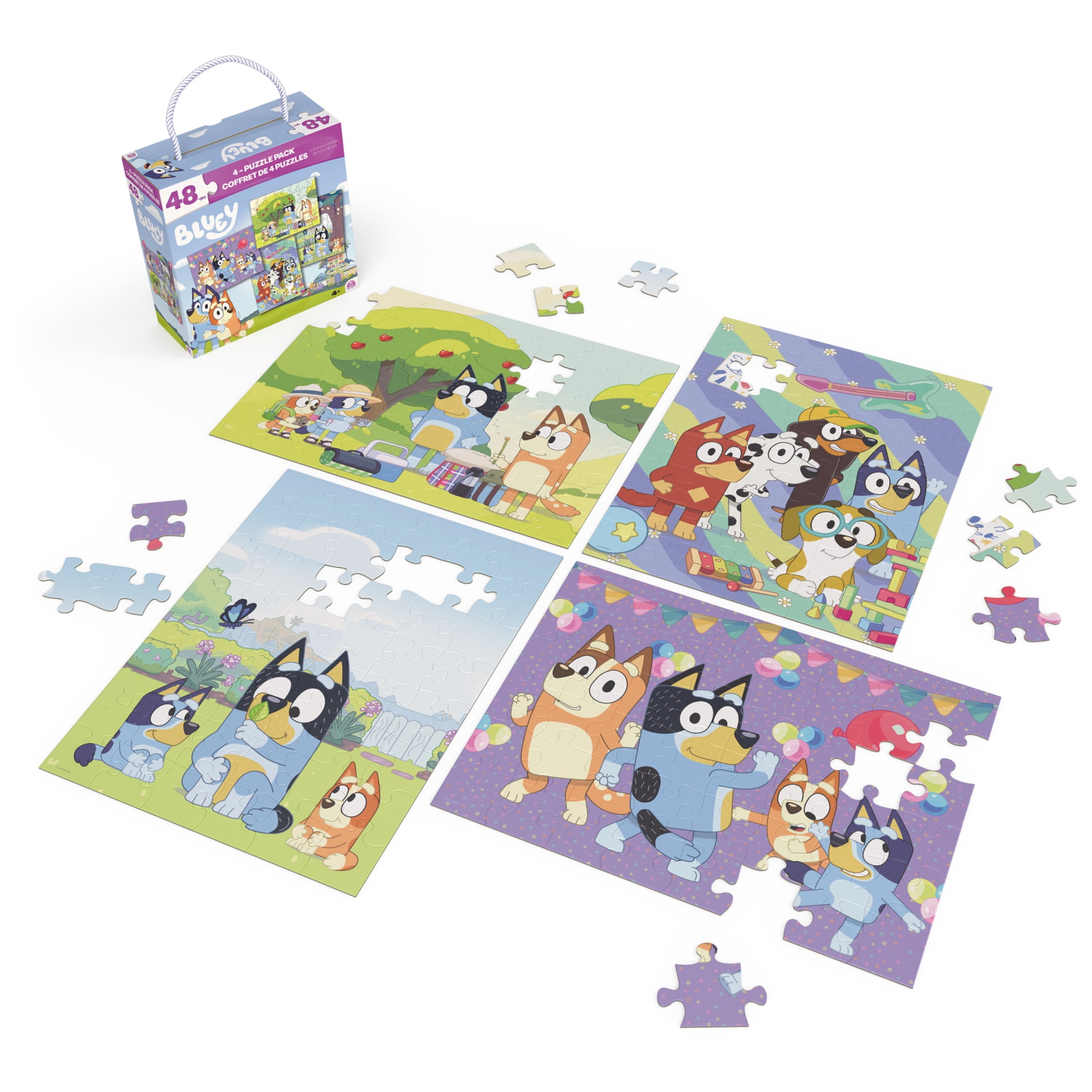 Bluey, 4-Pack 48-Piece Jigsaw Puzzles in Storage Box with Rope Handle, Bluey Puzzle, Bluey Toys for Kids Ages 4 and up