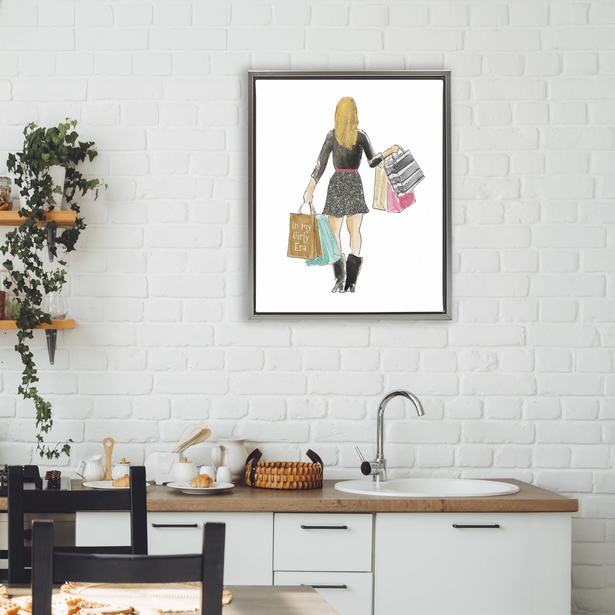 Stupell Industries Girl With Shopping Bags Gray Framed Floater Canvas Wall Art, design by Lanie Loreth