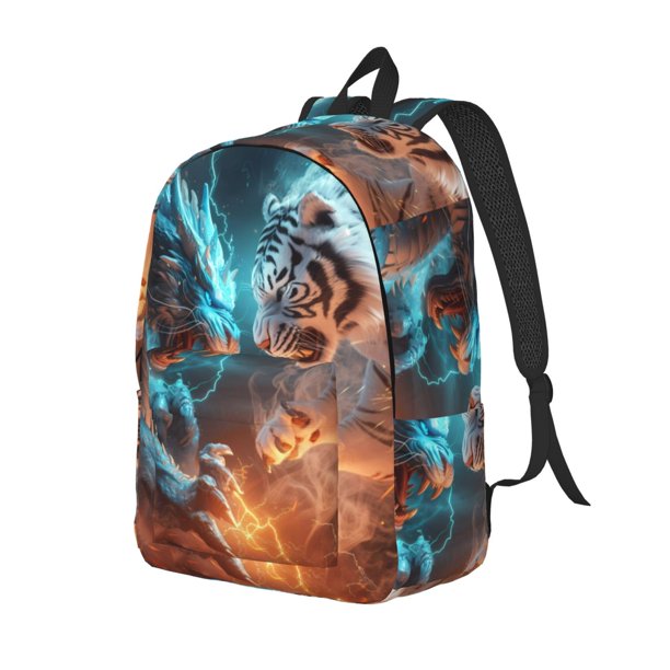 Disketp Blue Dragon And White Tiger print Canvas Backpack Lightweight Travel Daypack Student Rucksack Laptop Backpack-