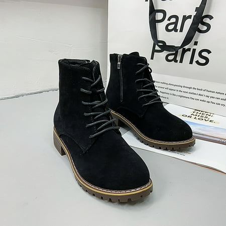 

Side Zip Chunky Heeled Martin Boots Suede Lace-up Ankle Boots Women‘s Short Boots
