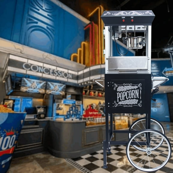 Popcorn Machine with Cart, Vintage Popcorn Machine with Stainless-steel Kettle, Heated Warming Deck and Drawer, Black