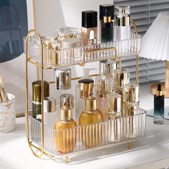 Estante organizador de maquillaje de 3 niveles, estante de almacenamiento, estante de exhibición, soporte de almacenamiento para varios baños, encimer claro Macarena Almacenamiento de escritorio