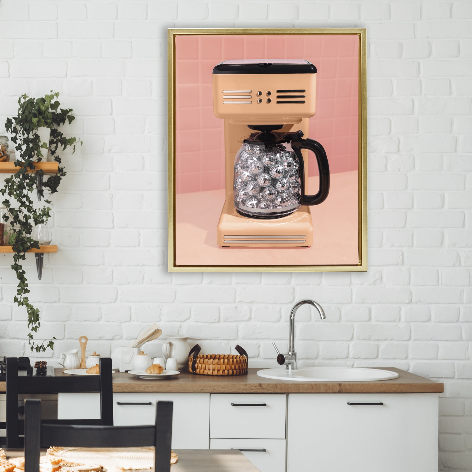 Stupell Industries Disco Coffee Maker over Orange Gold Framed Floater Canvas Wall Art, design by LISH Creative
