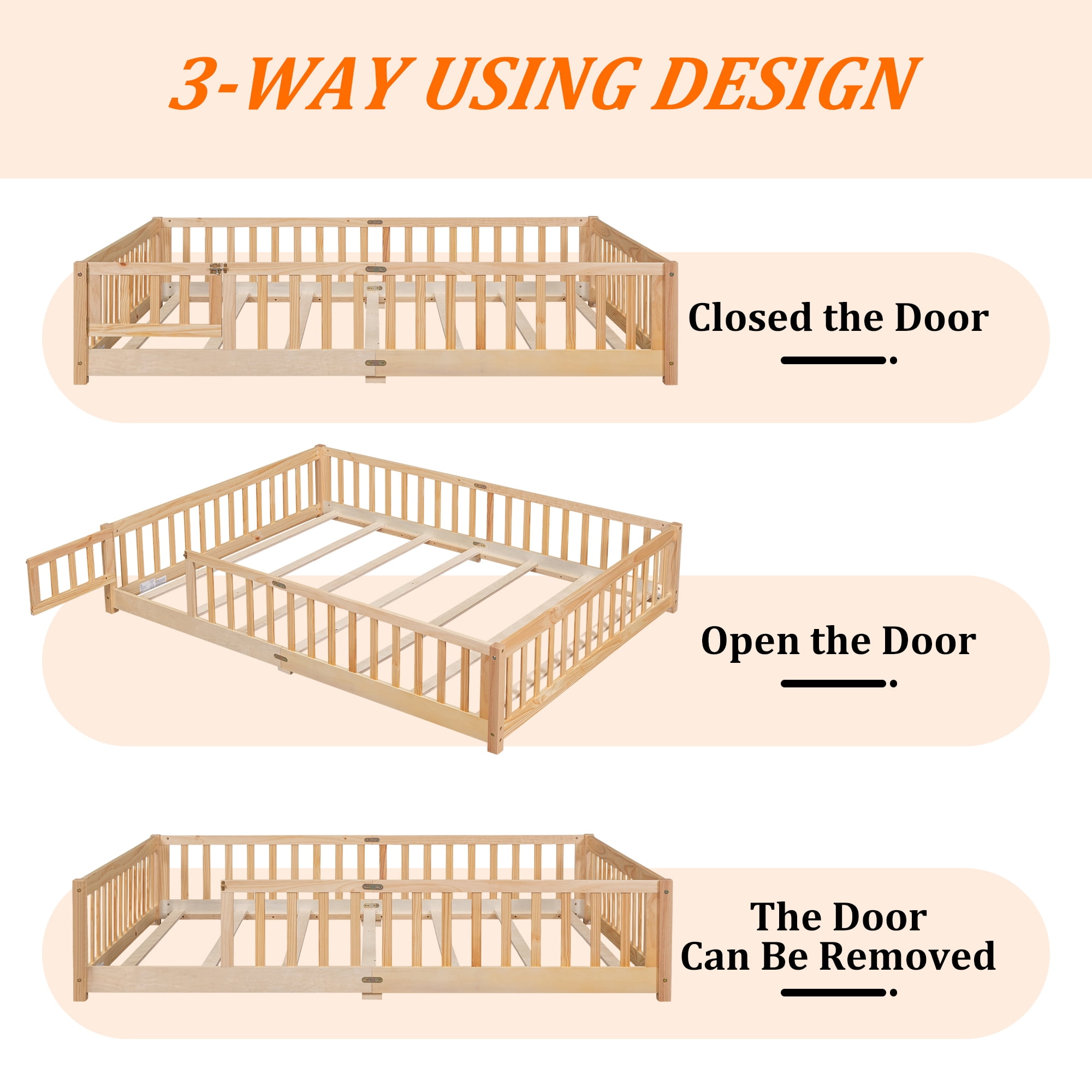 UHOMEPRO Queen Size Floor Bed with Door and Fence for Kids, Toddler Bed Montessori Floor Bed with Slats and Safety Guardrails, Solid Wood Queen Bed Frame for Girls Boys Kids Bedroom, Natural