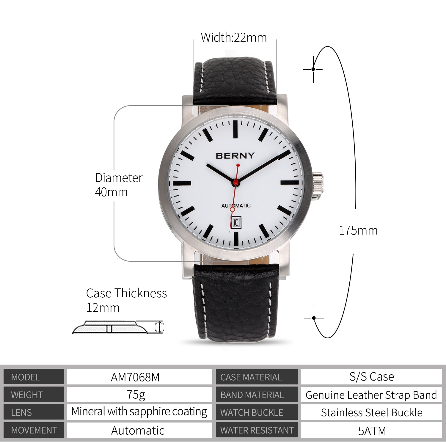BERNY Automatic Watch for Men, Classic Mechanical Wristwatch with Genuine Leather Strap, Date Calendar, 5ATM Waterproof, Super Luminous, Red Seconds Hand (White)