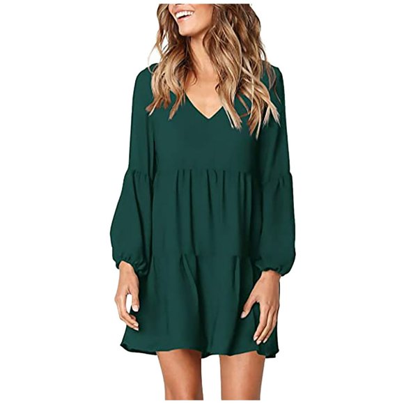 Follure Robe Mode Femme Unie Col en V Manches Longues Fluide Ample Robes d'Été pour Femmes