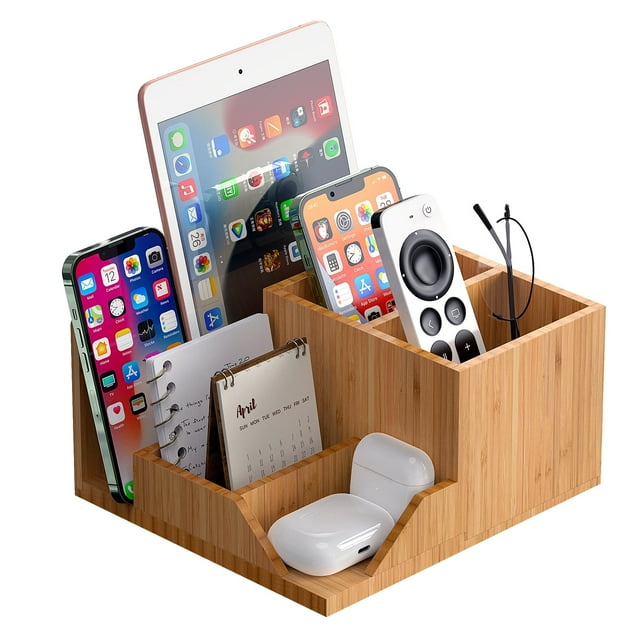 Pezin & Hulin Bamboo Desk Organizer, Multicompartment Storage Box, Multifunctional Office Container Holder for Table