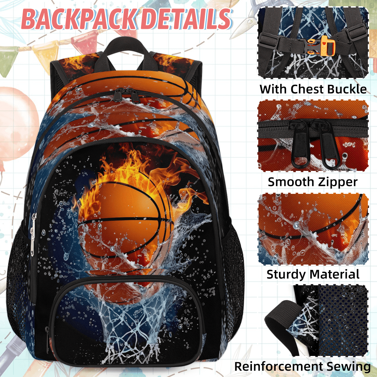 Herdesigns Basketball Large Backpack Set with Lunch Box Lightweight Water Resistant Travel Laptop Backpacks Casual Daypacks for Women Men