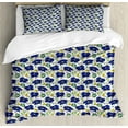 thumbnail image 1 of Doodle Queen Size Duvet Cover Set, Brush Stroke Stripes with Flower Arrangement Sketch Illustration, Decorative 3 Piece Bedding Set with 2 Pillow Shams, Navy Blue Mint Green Yellow, by Ambesonne, 1 of 3
