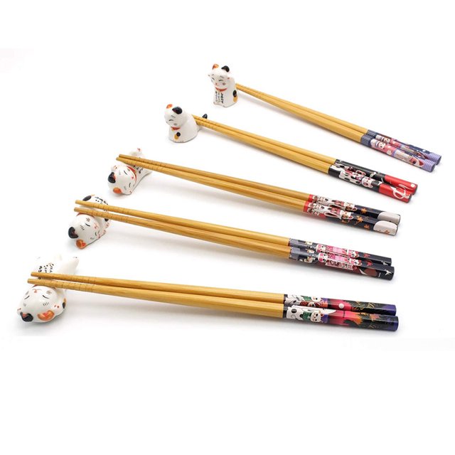 Juego de 5 pares de palillos, palillos reutilizables naturales de bambú, juego de regalo de palillos - Gato de la suerte Adepaton 2034304