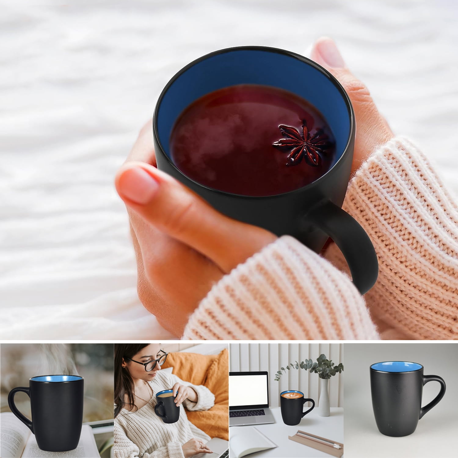 Modwnfy 16 fl oz Blue Coffee Mugs Ceramic Coffee Mug Tea Cups, Black  Exterior Blue Color Interior Ceramic Coffee Mugs, Large Ceramic Coffee Cup  for Coffee, Tea, Cocoa, Cereal, Office and Home 