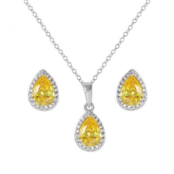 Prong Set Earrings-Pendant Set with Pear Cut Artificial Canary Diamonds by Diamond Essence set in Sterling Silver
