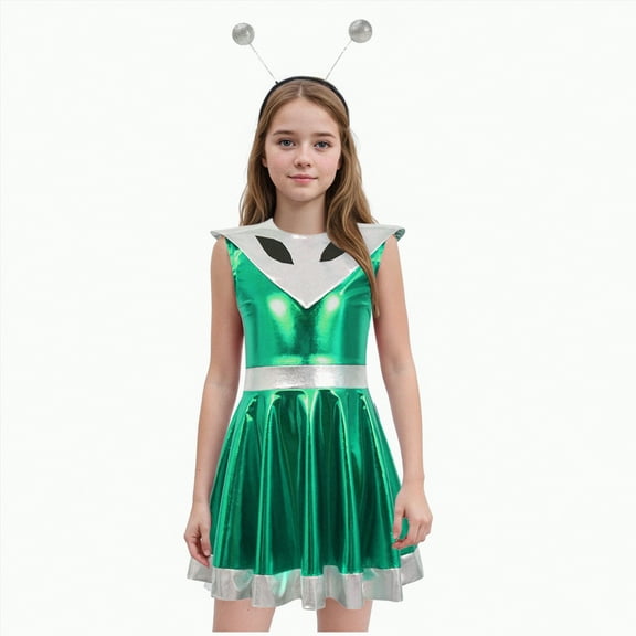 HCNTES Kids Girls Halloween Alien Sparkly Metallic Dress With Hair Hoop Set Outer Space Dress Up(4-5 Years,S12-Green)