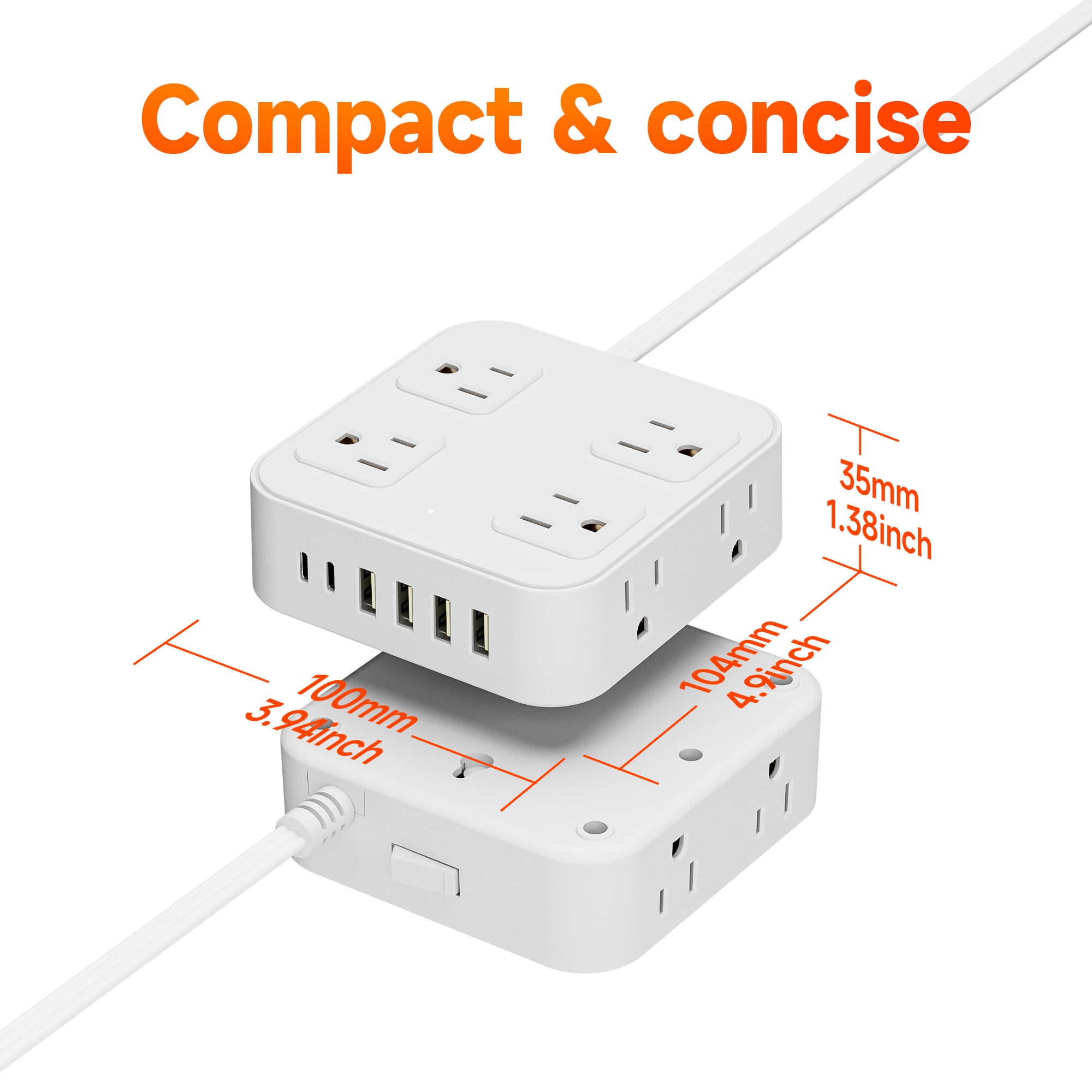 USB Charging Strip - 8 AC Outlets Extender 6 Fast-Charging USB Ports Heavy-Duty US Standard Socket with Extension Cable Multi-Device Charger Station for Office Home Travel（White）