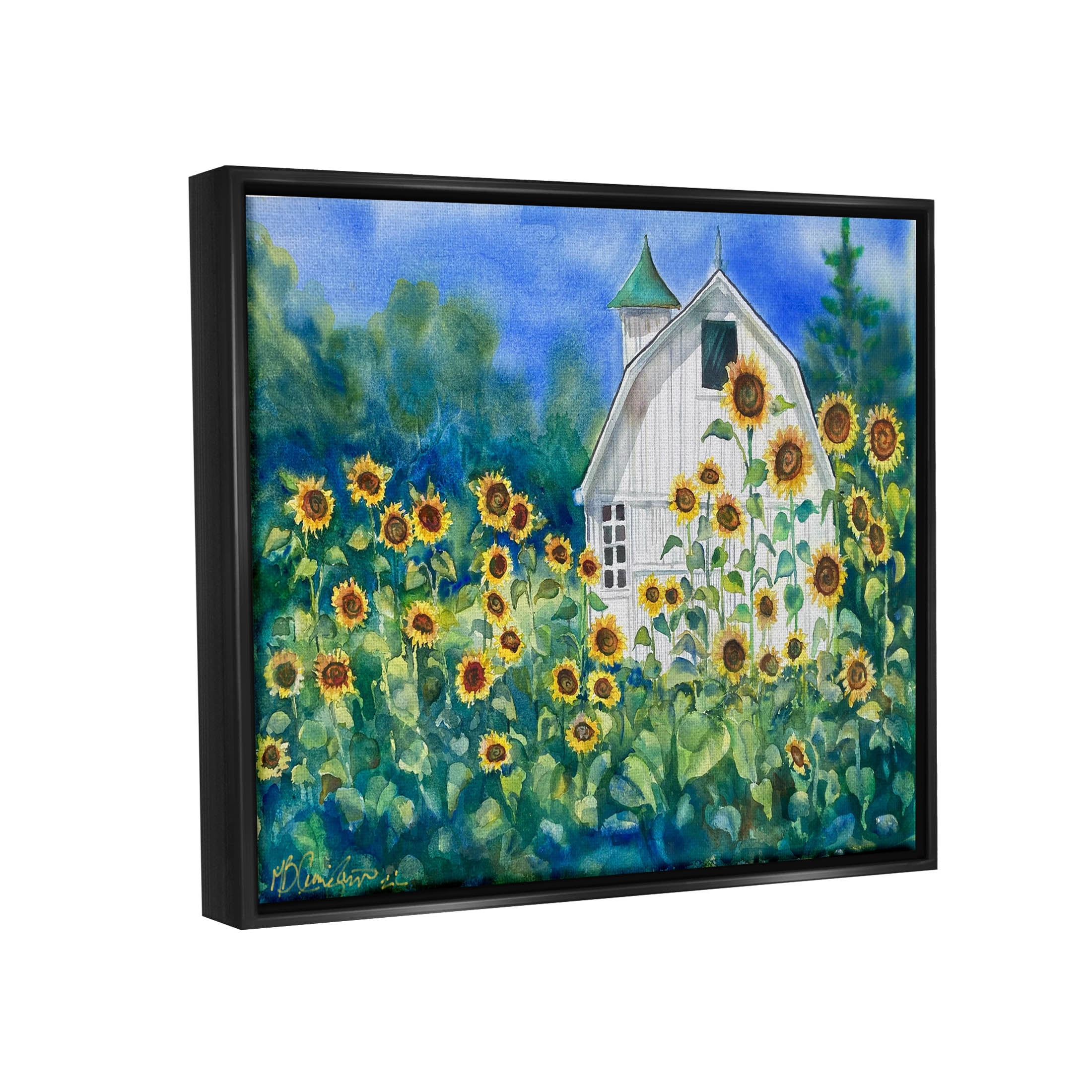 Tall Sunflowers Country Barn Landscape Painting Jet Black Framed Art Print Wall Art