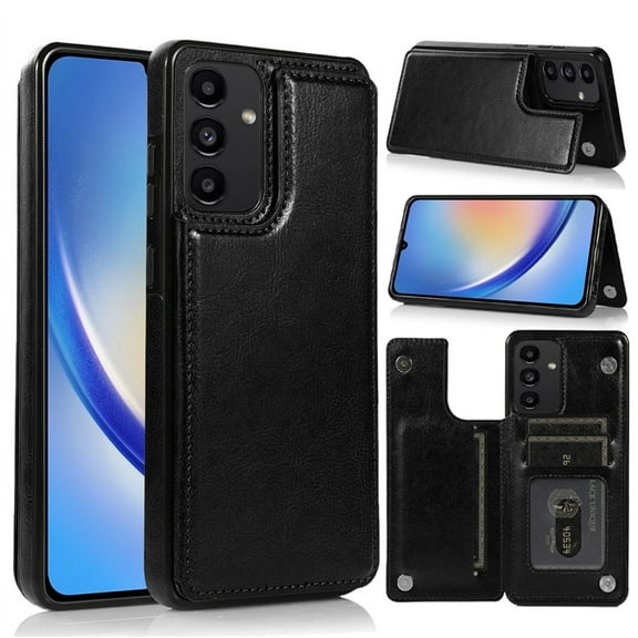 Designed for Samsung Galaxy A15 5G PU Leather with [Two Magnetic Clasp] [Card Slots] Stand Function Durable Back Storage Wallet Flip Phone Case Cover [Black]
