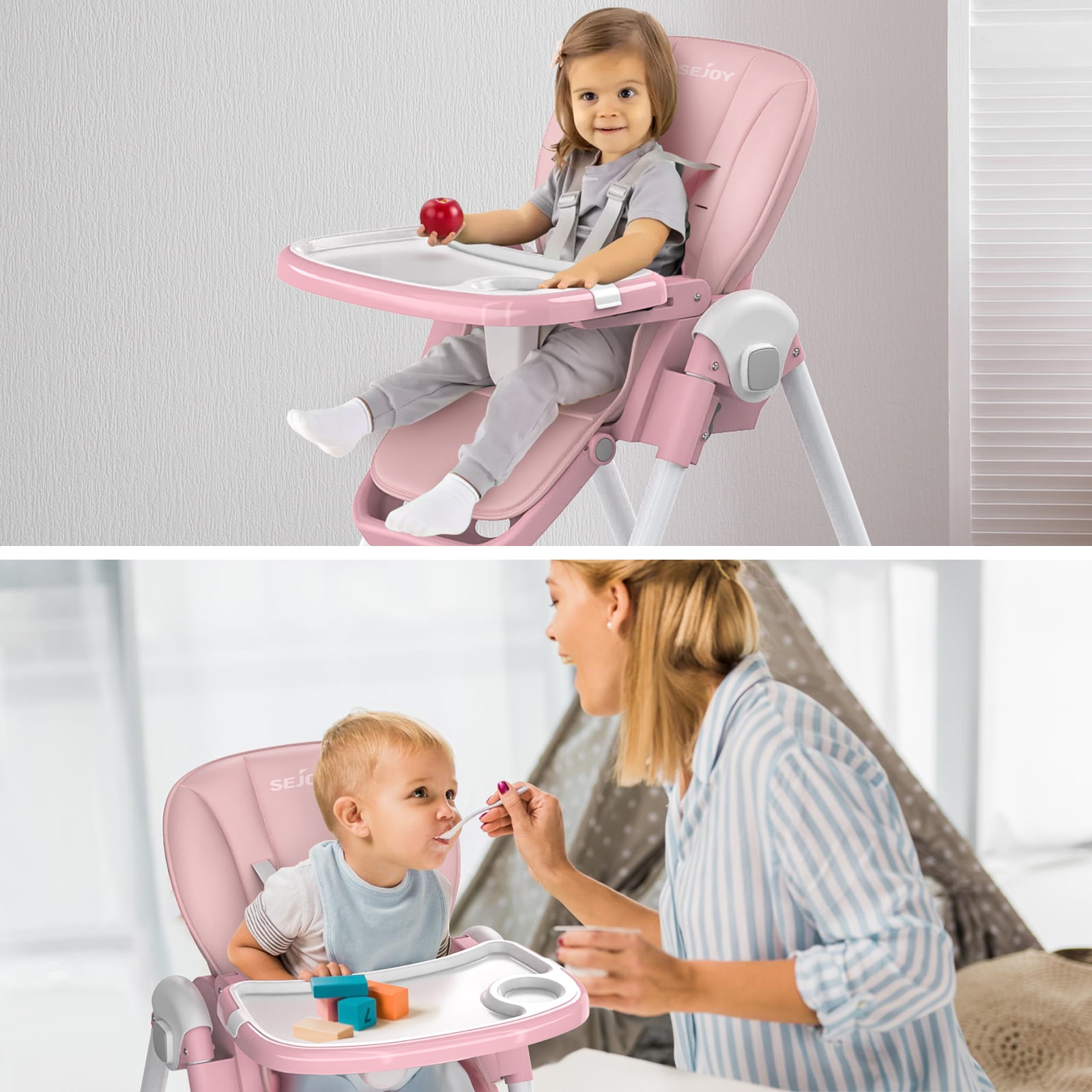Sejoy 4 Wheels Baby High Chair for Toddlers, Foldable High Chair with Adjustable Seat Heigh, Pink