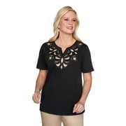 Alfred Dunner Womens Petite Animal Scroll Yoke Knit Top