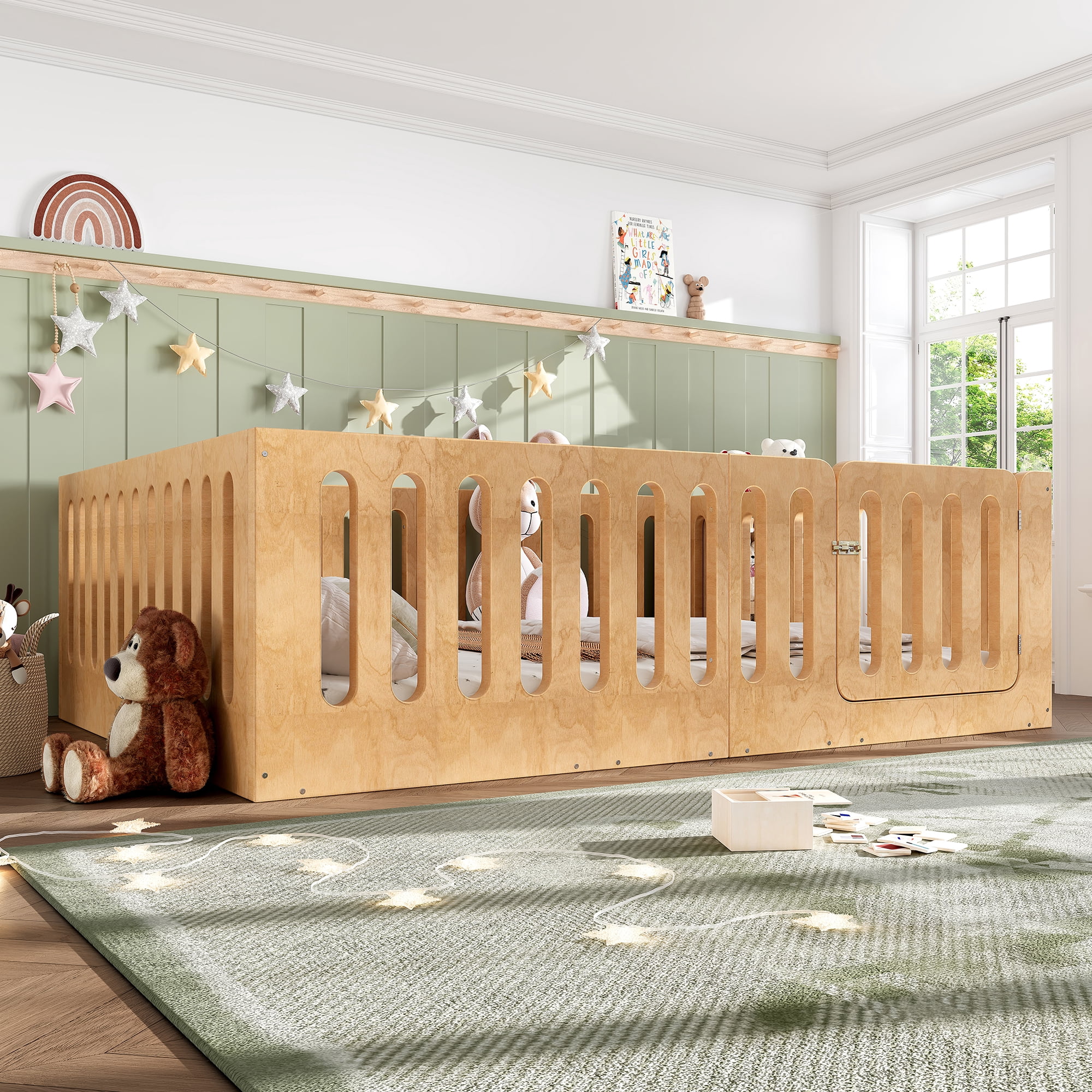 Floor Bed with Safety Rails and Door, Queen Solid Wood Platform Bed and Montessori Style Bed Frame for Bedroom, Natural