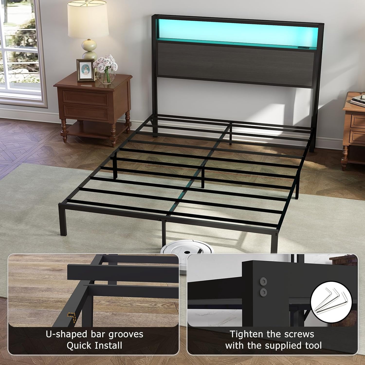 DRNANLIT Queen  Bed Metal Platform Bed Frame with LED Lights Storage Headboard＆Charging Station,Noise Free, Easy Assembly, Dark Grey