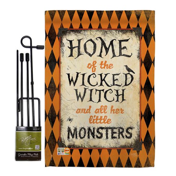 Breeze Decor BD-HO-GS-112059-IP-BO-D-US14-SB 13 x 18.5 in. Wicked Home Fall Halloween Vertical Double Sided Mini Garden Flag Set with Banner Pole