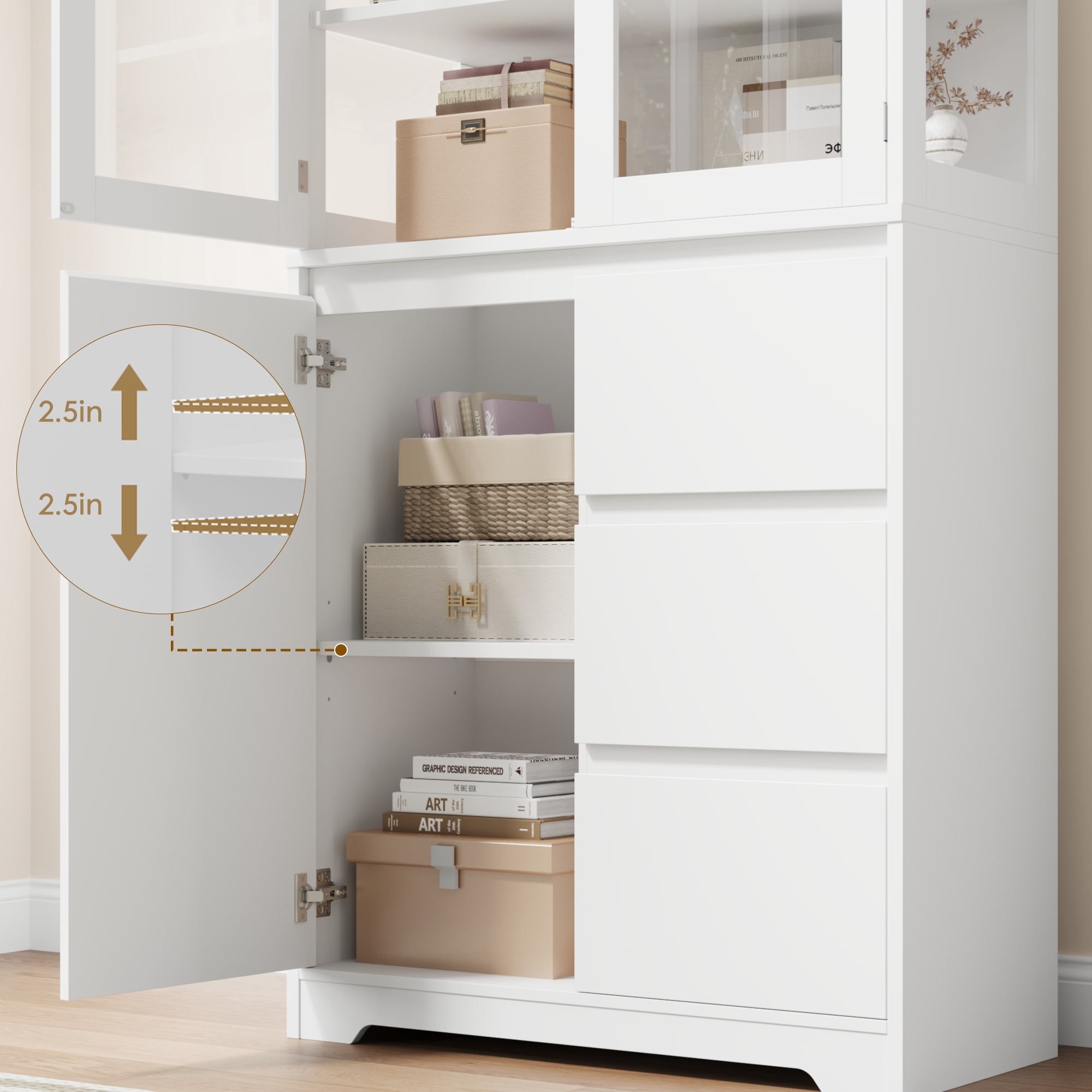 Homfa 71" Glass Door Bookshelf Bookcase with 3 Large Drawer, 3-Tier Modern Bookshelves with Adjustable Shelf, White