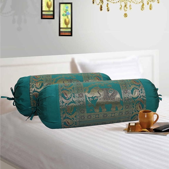 Stylo Culture Ethnic Polydupion Cylindrical Tube Pillow Bolster Pillow Covers Dark Green Elephant Jacquard Brocade Border Large Couch Round Cushion Covers (Set of 2) | 30x15 Inches (76x38 cm)