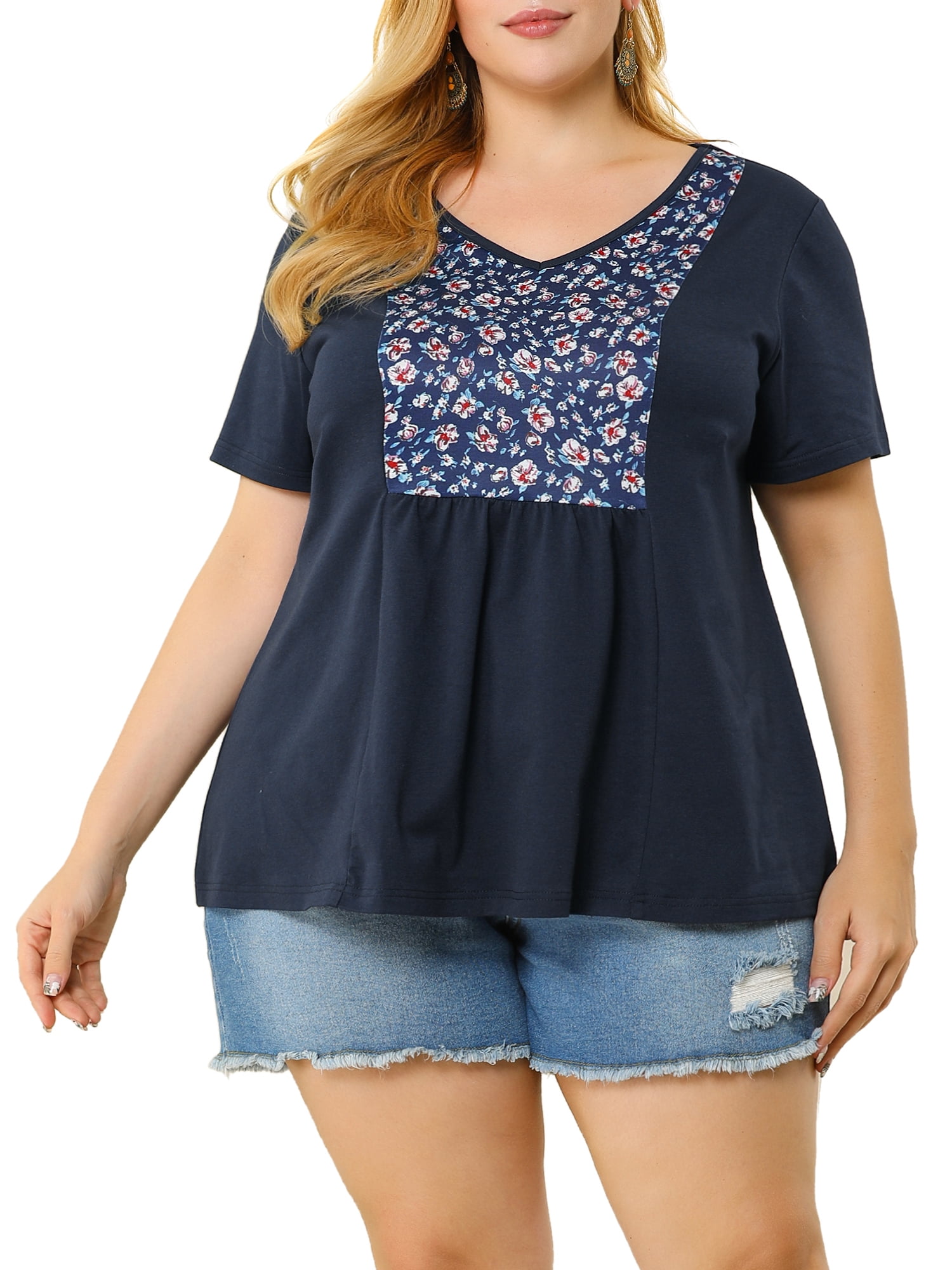 Plus Size Summer Peplum Tops for Women Elegant Floral Print Short Sleeve Crewneck T Shirt Lace Patchwork Dressy Tees 