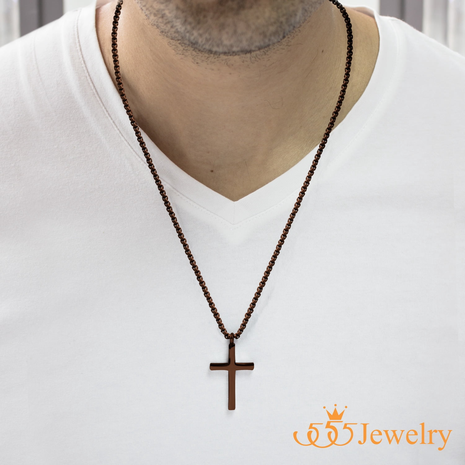 555Jewelery Stainless Steel Metal Cross Unisex Adjustable Rolo Chain Religious Christian Pendant Necklace, Brown Coffee 18 inch
