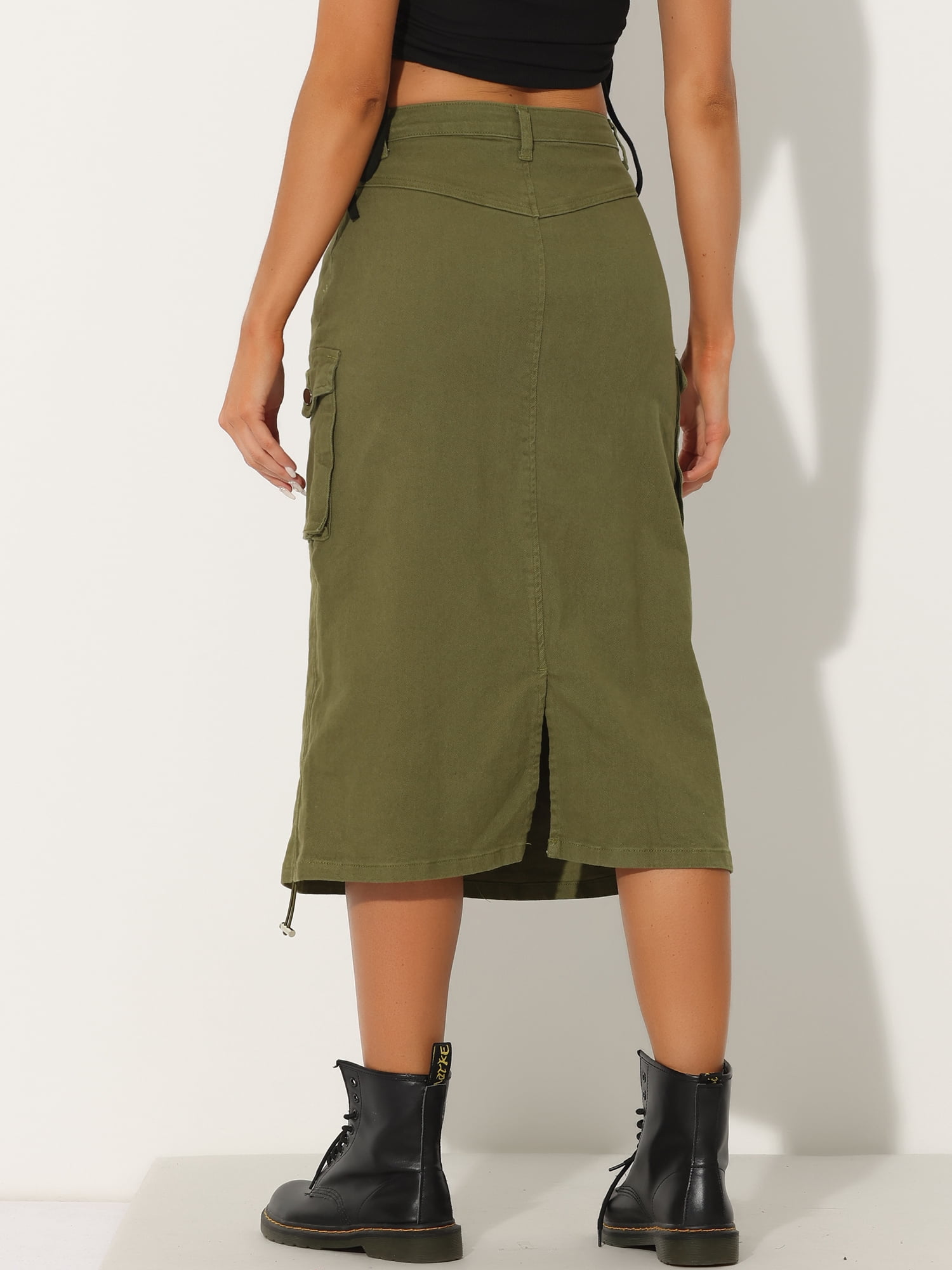DARING DIVA Women's Y2K Adjustable Casual A-Line Midi Jean Skirt M Army Green