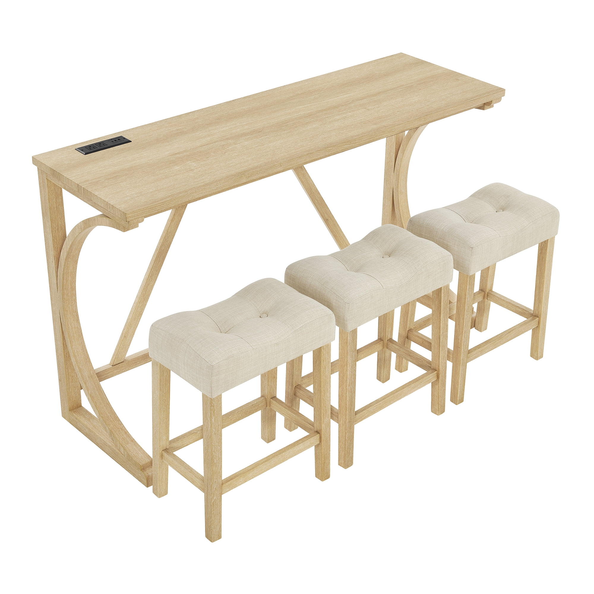 Aukfa Kitchen Dining Table Set for 3,Bar Table Set with Power Outlet,Industrial Breakfast Table Set,Oak