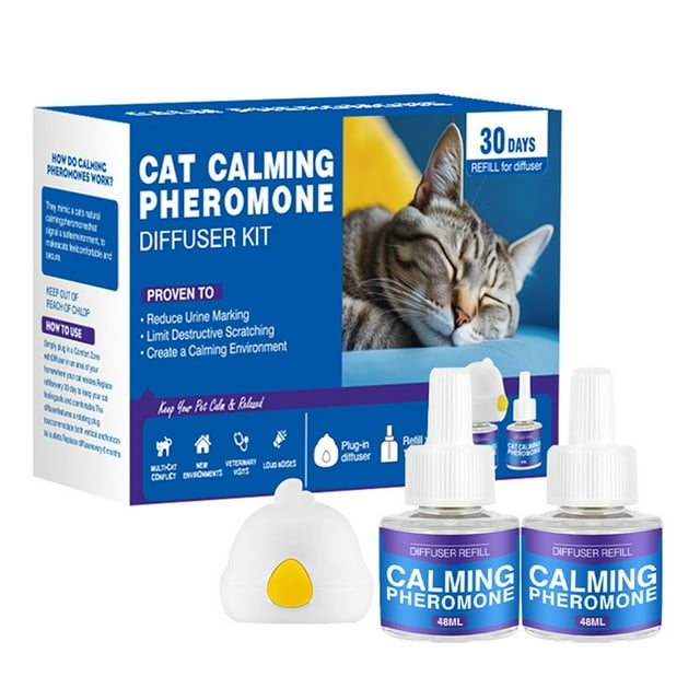 Stress Relief Cat Pheromone Diffuser Kit with 2 Refills (48ml Each) - Lavender Scented, featuring a plug-in diffuser and two refill bottles. Designed to reduce stress-induced behaviors like scratching and spraying, this kit provides up to 60 days of calming effects. Ideal for multi-cat households and various anxiety-inducing situations such as moving or thunderstorms. Safe and effective for all cat breeds and ages.