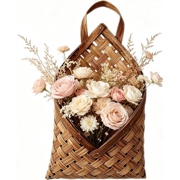 Woven Hanging Basket for Wall Decor, Handmade Flat Wall Basket for Door Entryway, Natural Wall Planter for Dry Flower, Farmhouse Hanging Storage Basket for Home Kitchen (S)