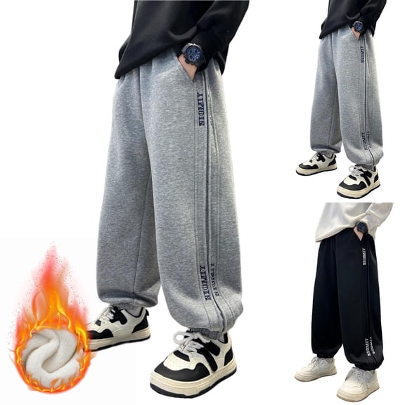 BXJX Boys Cotton Sweatpants Size 7, Stretchable Fleece‑lined Elastic Waist Warm Kids Jogger Pants Gray