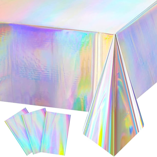 Paquete de 5 manteles de plástico iridiscentes brillantes, desechables, rectangulares, holográficos, decoración de fiestas, cumpleaños, bodas, Navidad