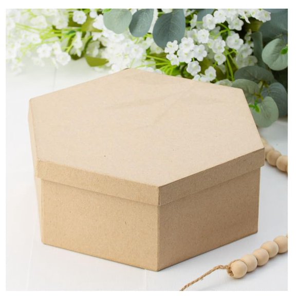Pack of 4 Paper Mache Hexagon Boxes - Blank Premade Papier Mache Hexagon Shaped Cardboard Craft Boxes with Lids for Gifts, Candies and More. Decorate or Leave As Is (7" x 7" x 3")