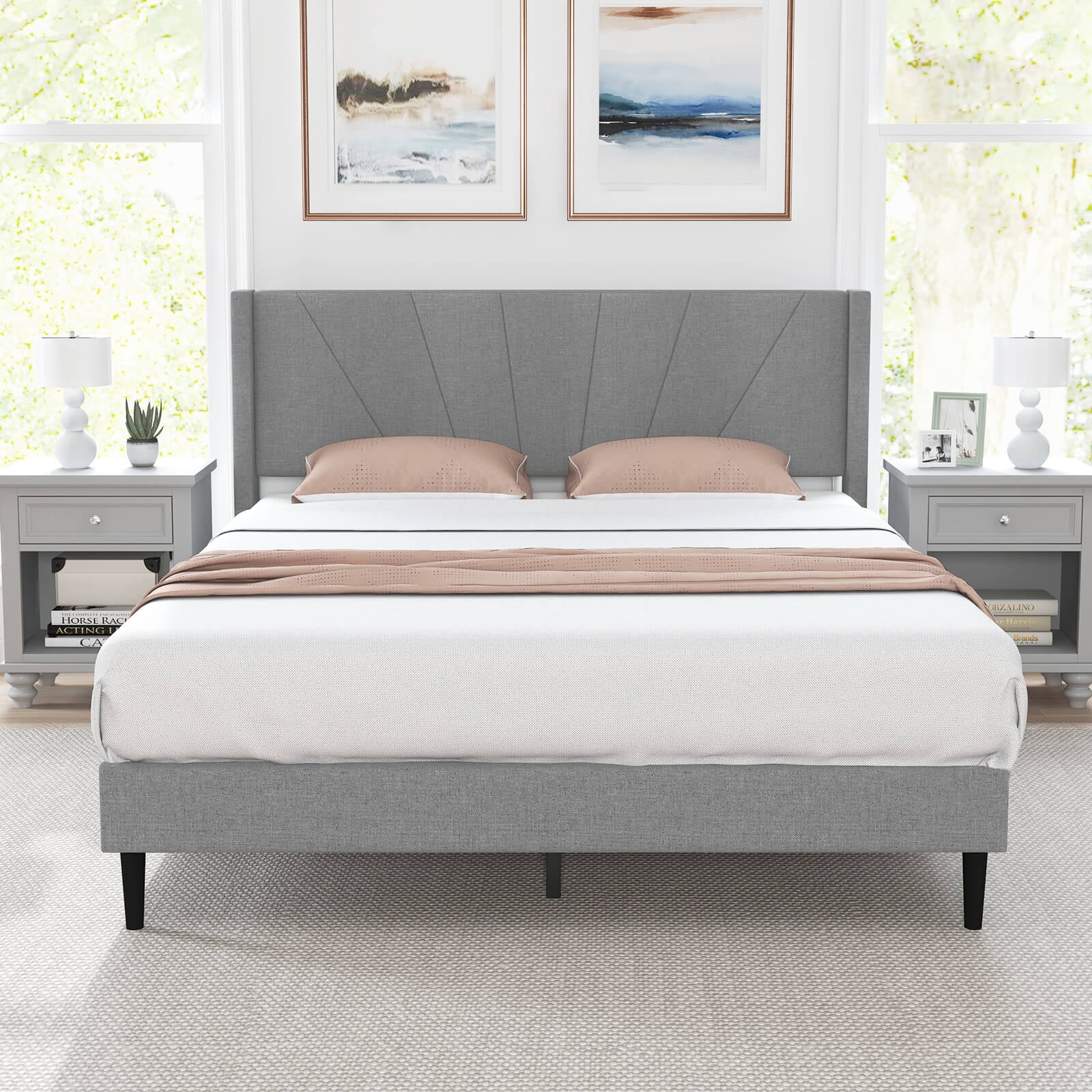 Infans Queen Bed Frame Modern Platform Bed with Linen Upholstered Wingback Headboard