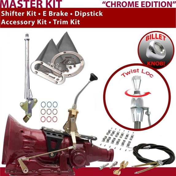 American Shifter AOD Shifter Kit Chrome 8 in. E Brake Cable Clamp Trim Kit Dipstick for ED472