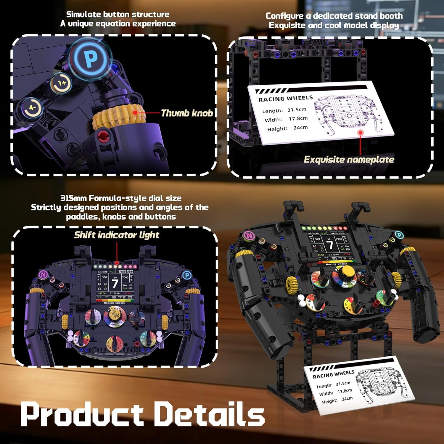 Racing Simulator Steering Wheel Building Set for F1, Mechanical Formula Sim Cars Driving ,Collectible Model Kit with Moving Parts & Phone Holder