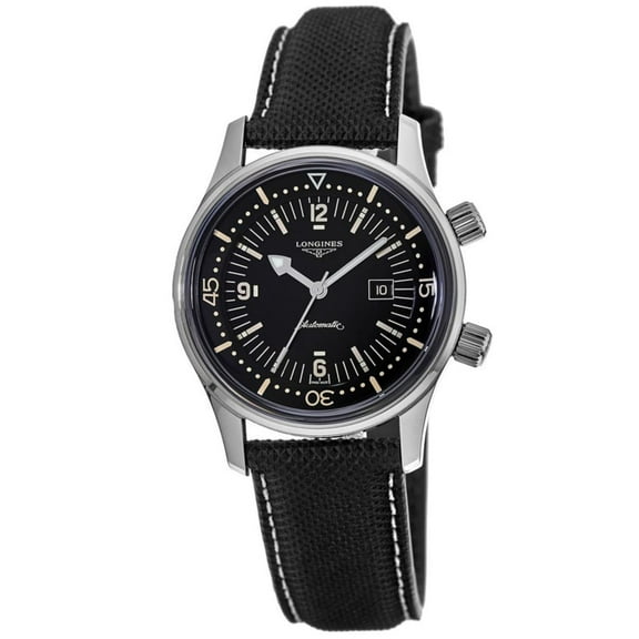 Longines Legend Diver Black Dial Black Leather Strap Unisex Watch L3.374.4.50.0