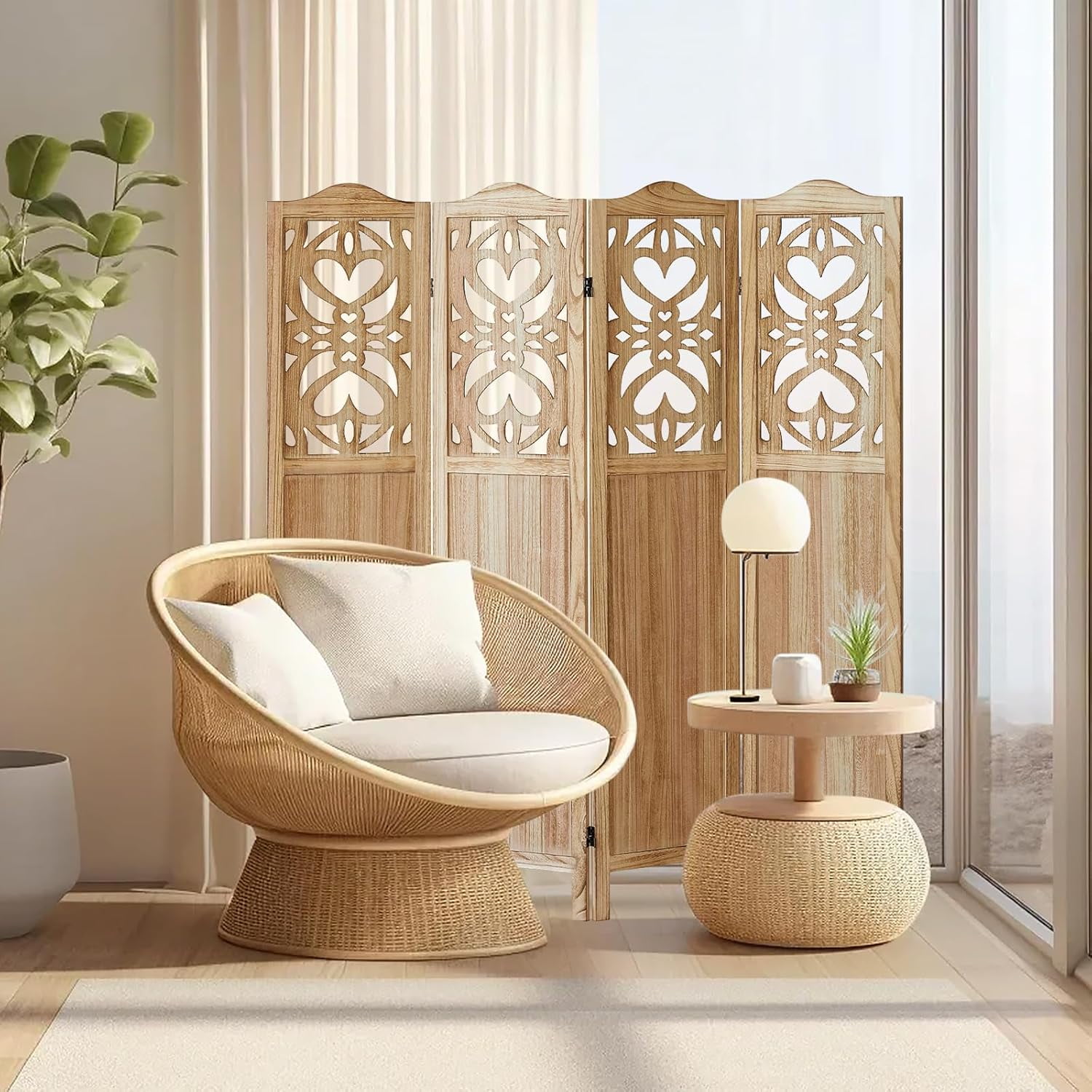 Wood Room Divider 4 Panel 5.6Ft Carved Room Divider and Folding Privacy Screen, Minimalism Portable Partition Screen Divider for Room Separation, Room Decoration for Home Office - Natural