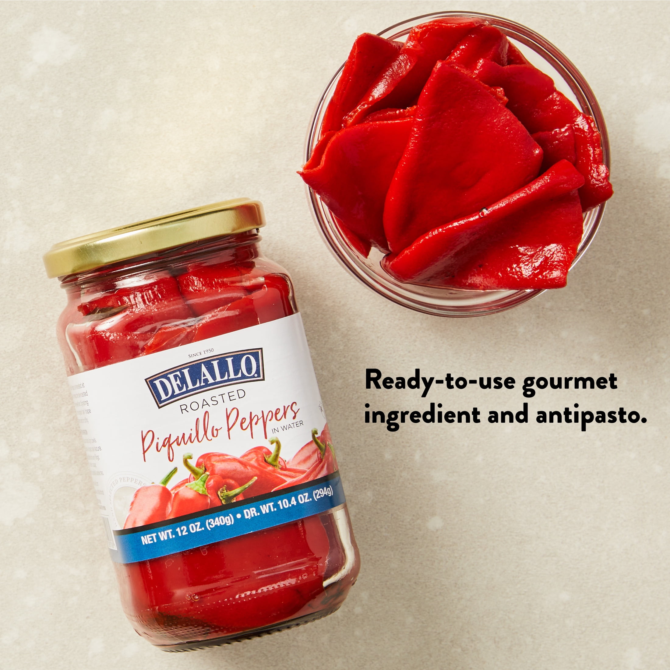 DeLallo Roasted Piquillo Peppers, Non-GMO, Kosher, 12 oz. Jar, (12 Pack)